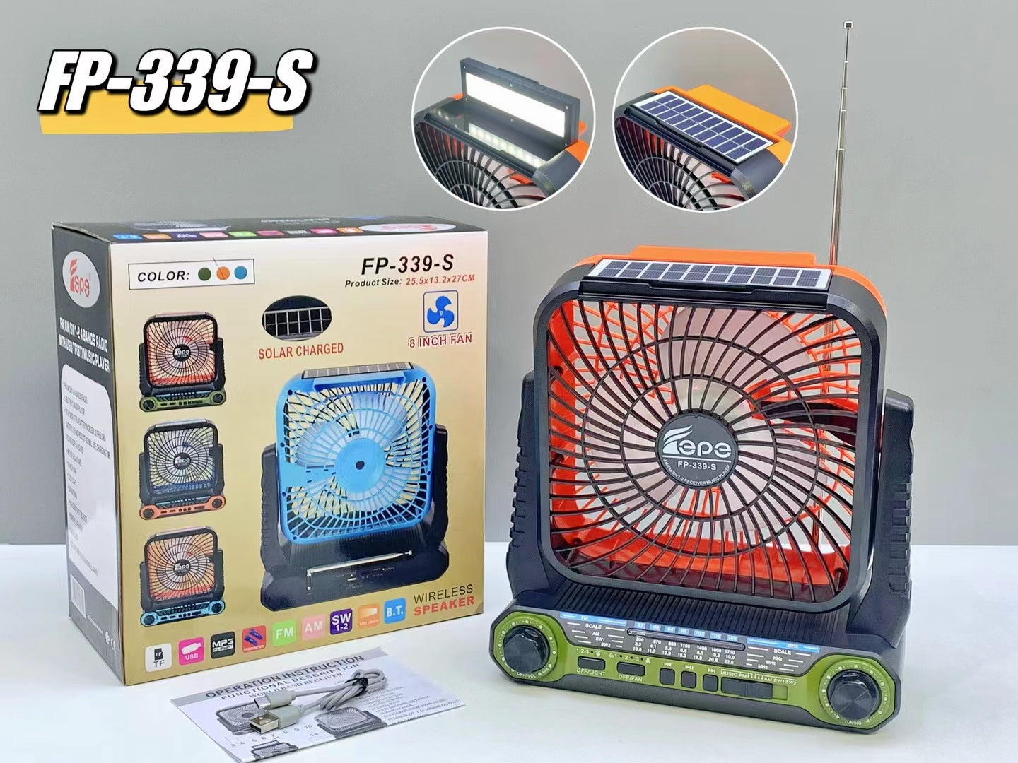 Ventilateur Solaire Rechargeable + Panneaux + Radio Et Bluetooth + Lampe